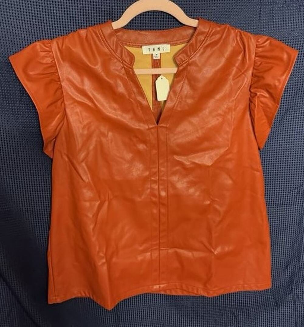 THML Women's Faux Leather Top with Ruffle Sleeves